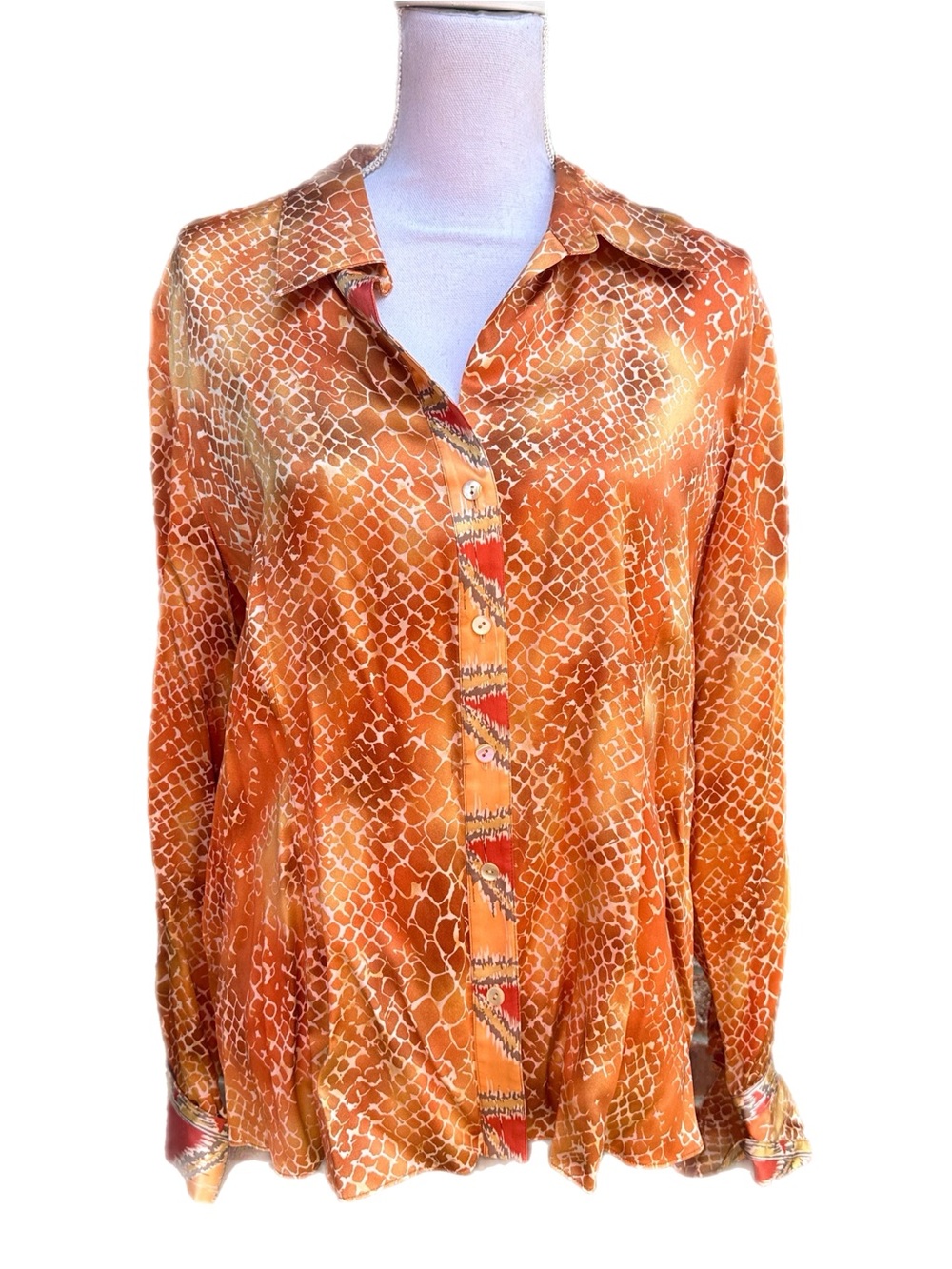 Vintage Starington Orange Satin Snake-Print Button-Up 100% Silk Blouse